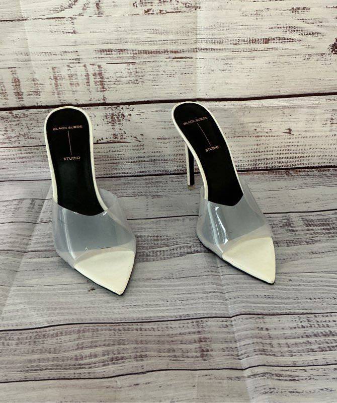 Women's Black Suede Studio Ivory Mules w/ clear strap Sz 39 US 8.5 Retail $348