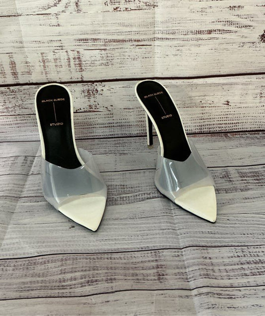 Women's Black Suede Studio Ivory Mules w/ clear strap Sz 39 US 8.5 Retail $348