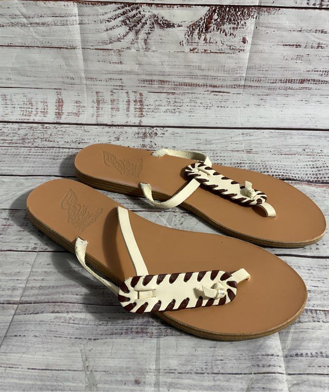 Ancient Greek Sandals Women's Brown Leather White Strap Sandals Size 40 EU 10 US