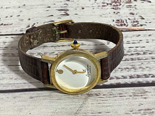 LAUSANNE F-R Women's Gold Tone Watch with Brown Leather Band- WORKS!!!