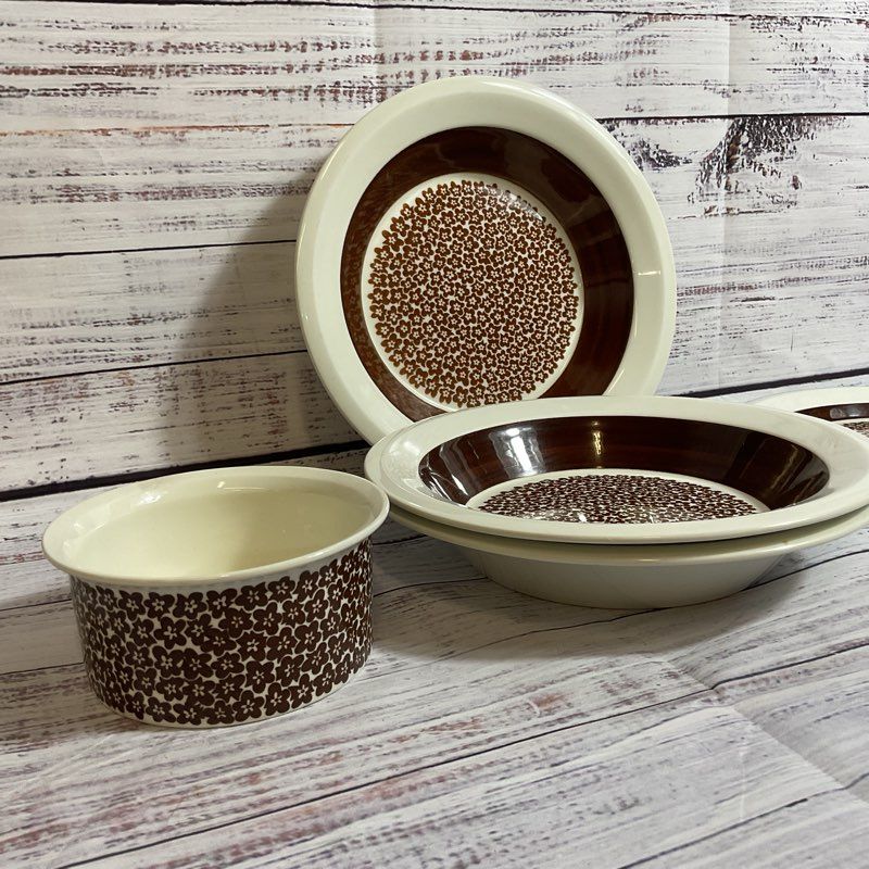 VTG. ARABIA Finland Faenza Brown Flowers Leivo Seppala Bowls & Plate- 5 Pieces