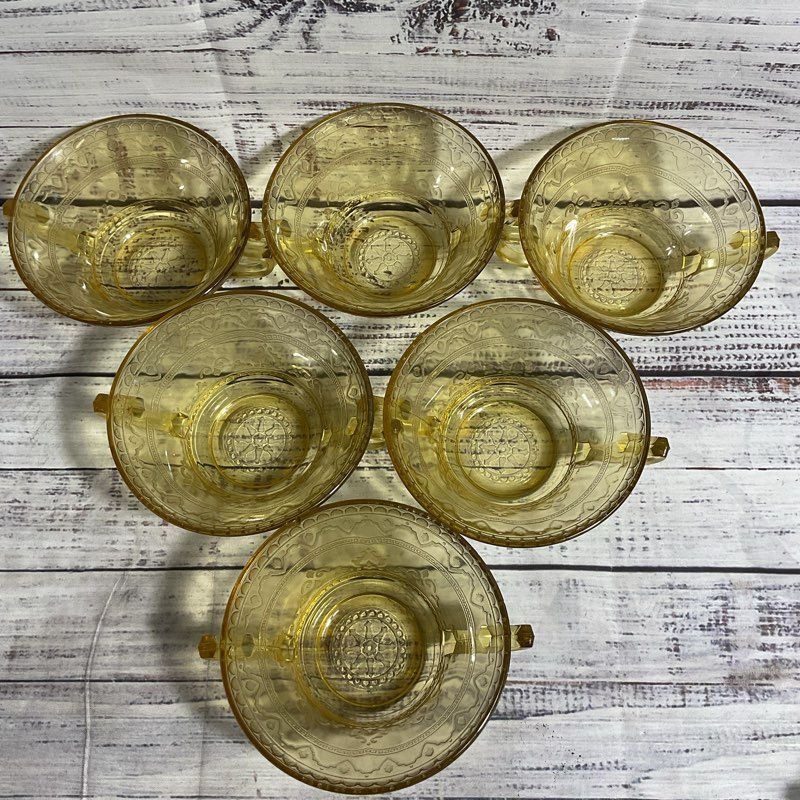 Vtg. Federal Glass Patrician Amber 7 Pc. Depression Era Cream Soup Bowl Set