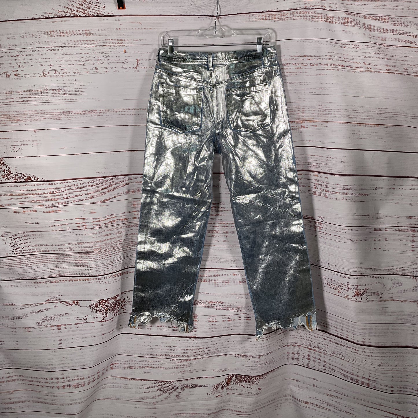 Free People We The Free Silver Coated Denim Distressed Pant Leg Jeans Size 27