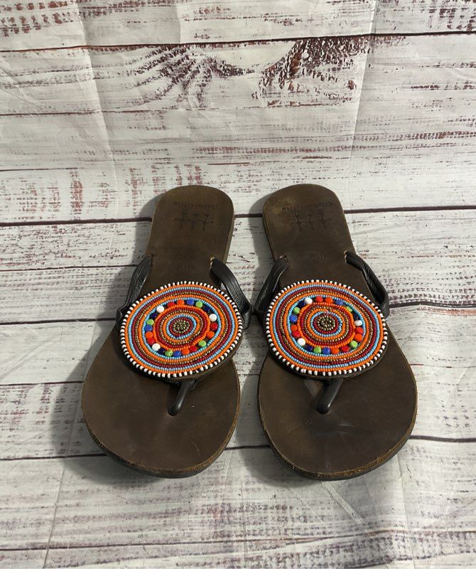 Global Girls Women's Dark Brown Leather Beaded Masia Macho Sandals Size 39