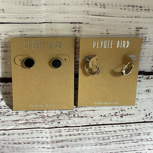 Set of 2 PEYOTE BIRD Sterling Silver Stud & Hoop Onyx Mother of Pearl Earrings