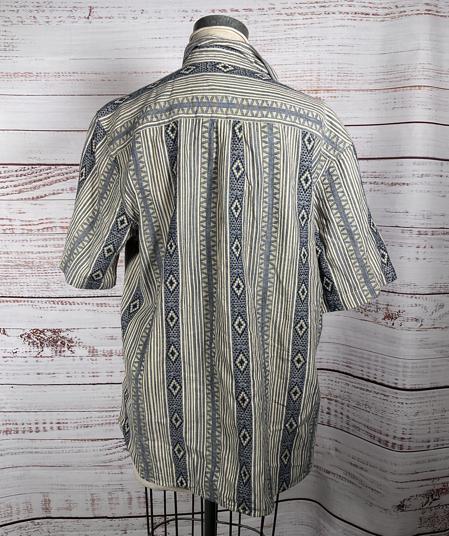 Frye Striped Ikat Button Down Short Sleeve Shirt Blue Multicolor XL