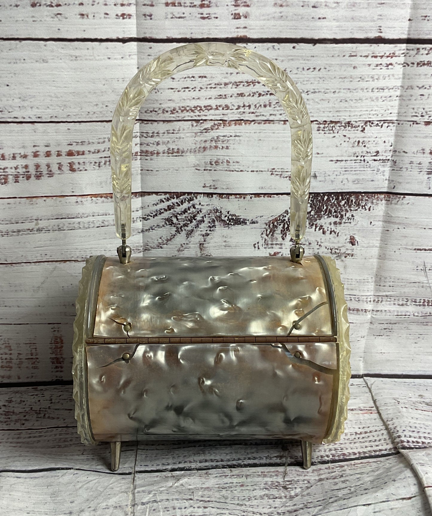 Vintage 1950s Carved Lucite Barrel Florida Handbag Silver Pearl Clear
