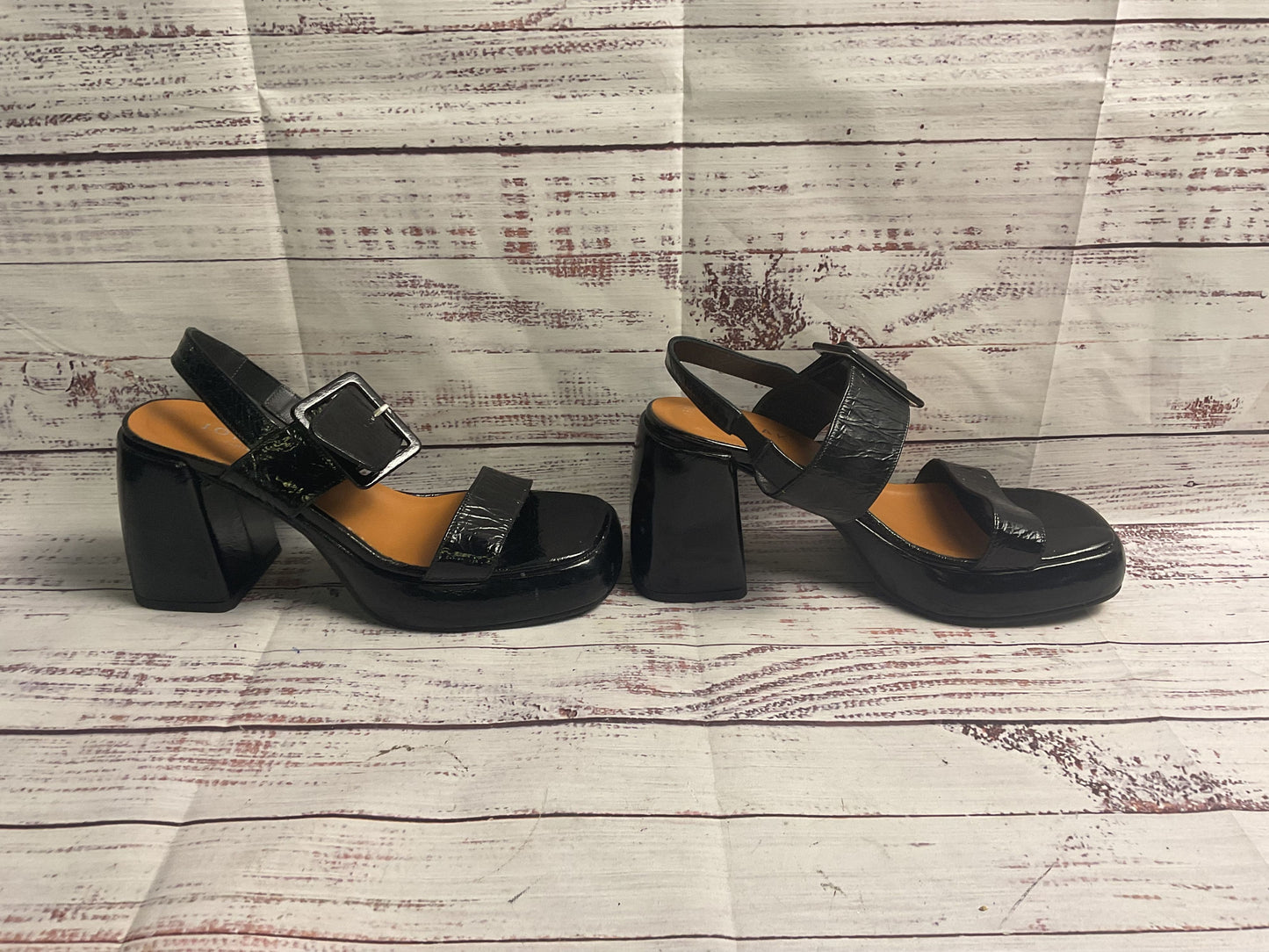 Jonak Black Patent Leather Buckle Open Toe Pump Heel Women 37