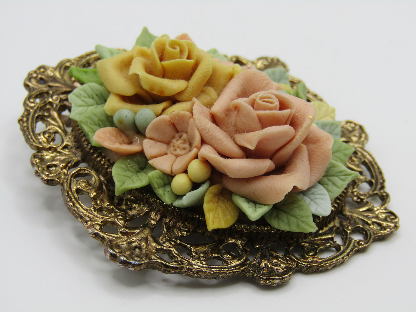 Vintage Gold Plated Ceramic Floral Bouquet Brooch Pin Jewelry Set