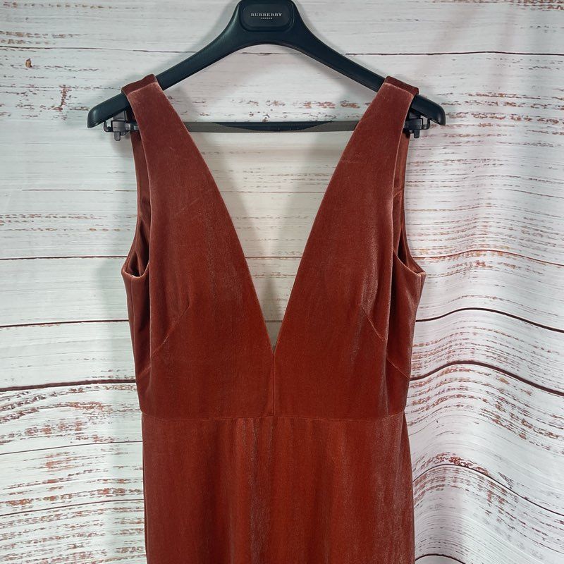 Jenny Yoo Rust Brown Velvet Sleeveless Low Cut Lace Front Maxi Dress Size 12