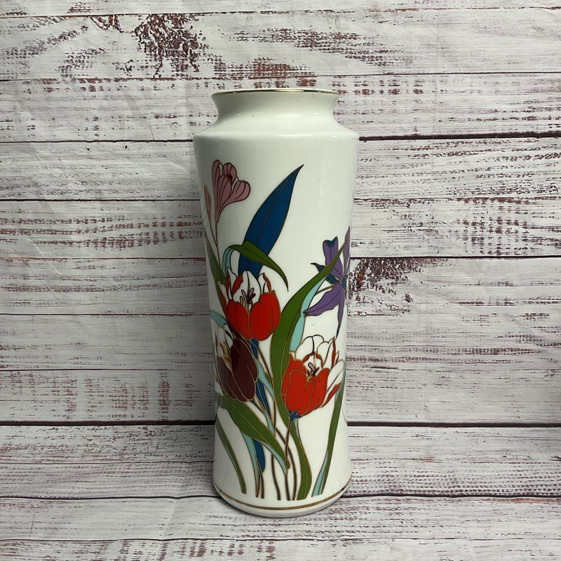 Toyo Gold Trim Floral 12" White Porcelain Table Vase