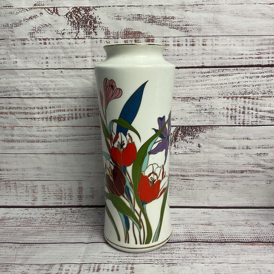 Toyo Gold Trim Floral 12" White Porcelain Table Vase