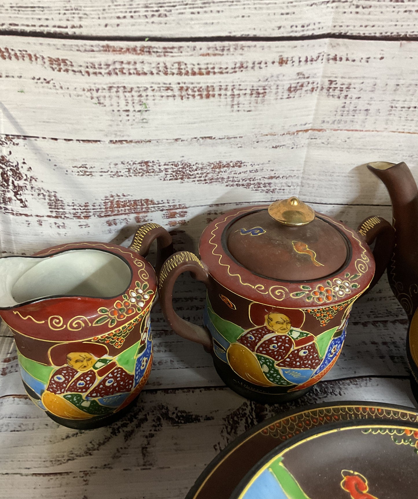 Vintage Japanese Satsuma Moriage Tea Set Cups Saucers Teapot Plates 16Pcs