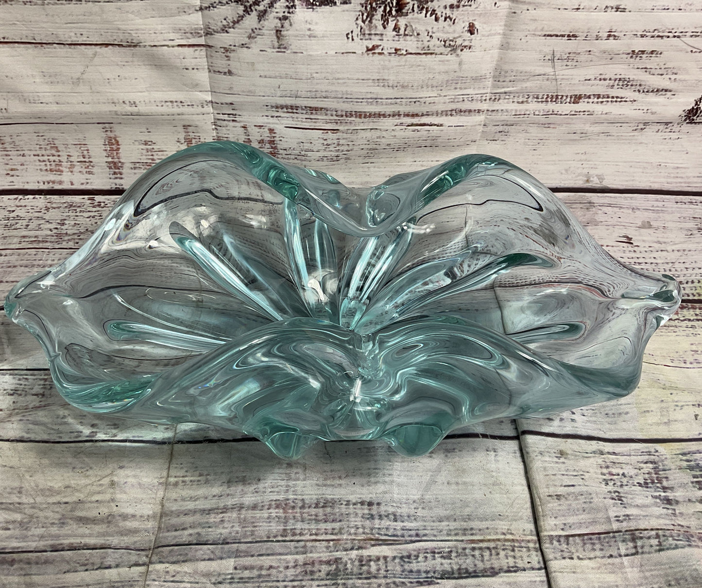 Modern Curved Murano Style Decorative Art Glass Bowl Blue