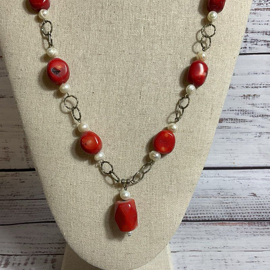 VTG. Silver Tone Chunky Coral & Pearl Necklace & Earring Set