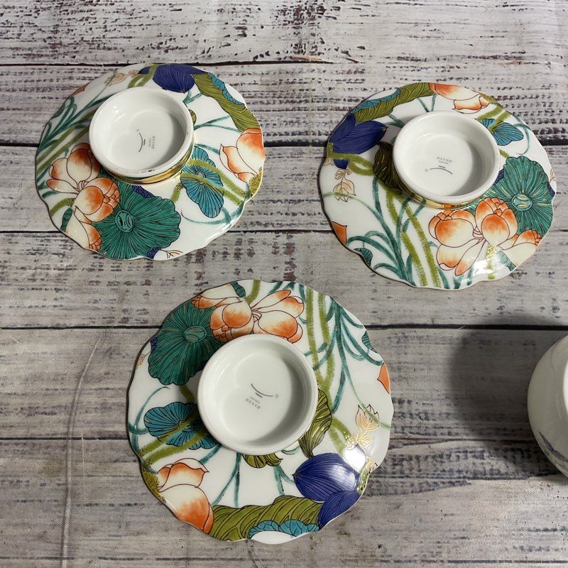 Auratic Happiness Heming 7 Pc Tea Cup Saucer Tea Pot Set 24k Gold Trim Porcelain