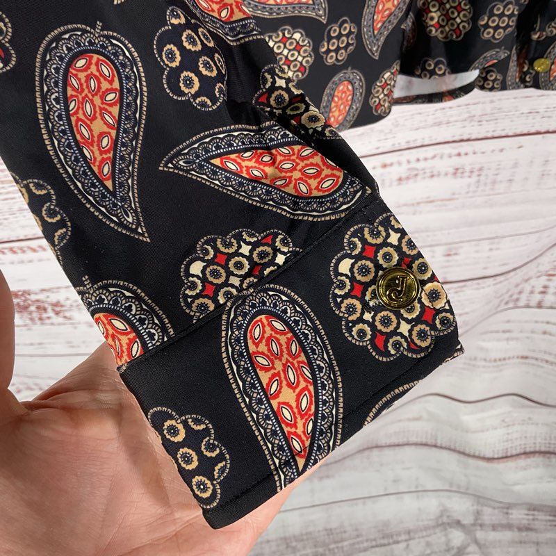 Jude Connally Black & Red Paisley Spandex Blend Button Up Blouse - Size L