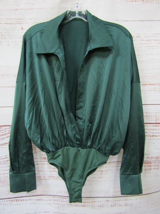 Commense Women's Green Satin Collared Long Sleeve Bodysuit Size XS