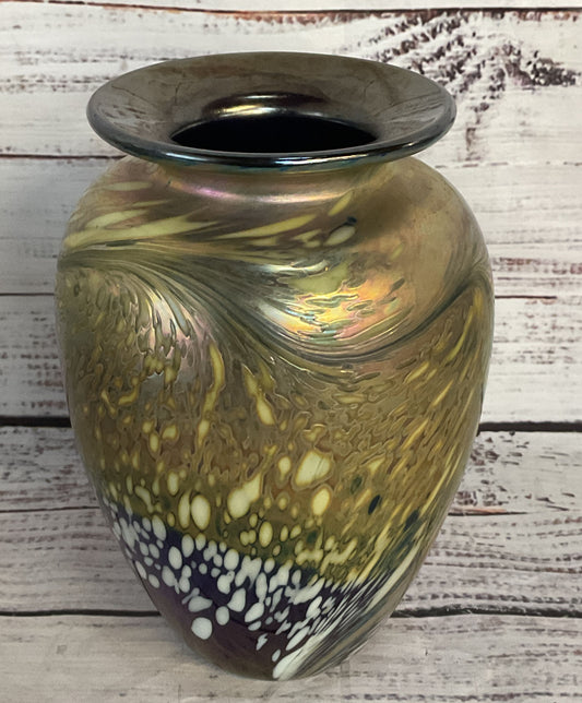 Brian Maytum Vintage 1990 Hand Blown Oil Spot Pulled Cobalt Vase Multicolor