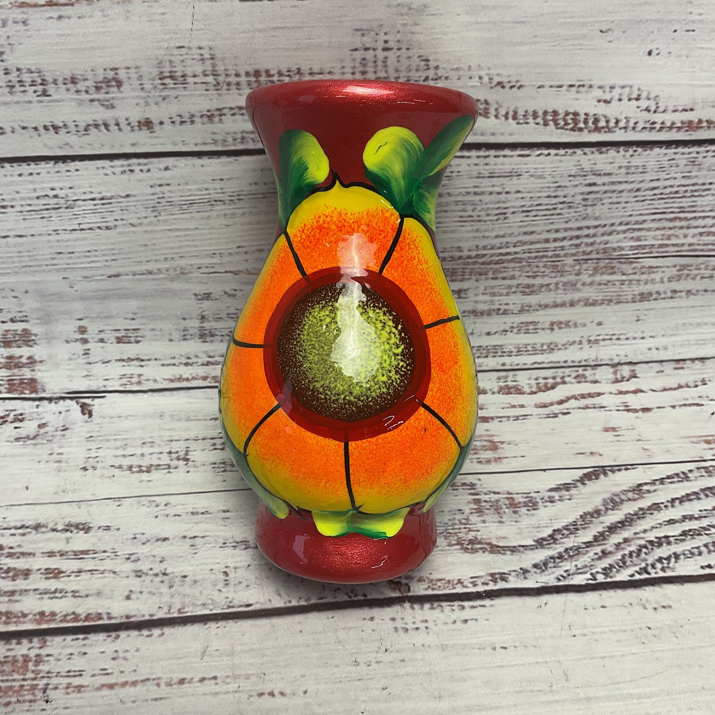Mexican Clay Terracotta Pottery Flower Metallic Red Sunflower Paint 6"