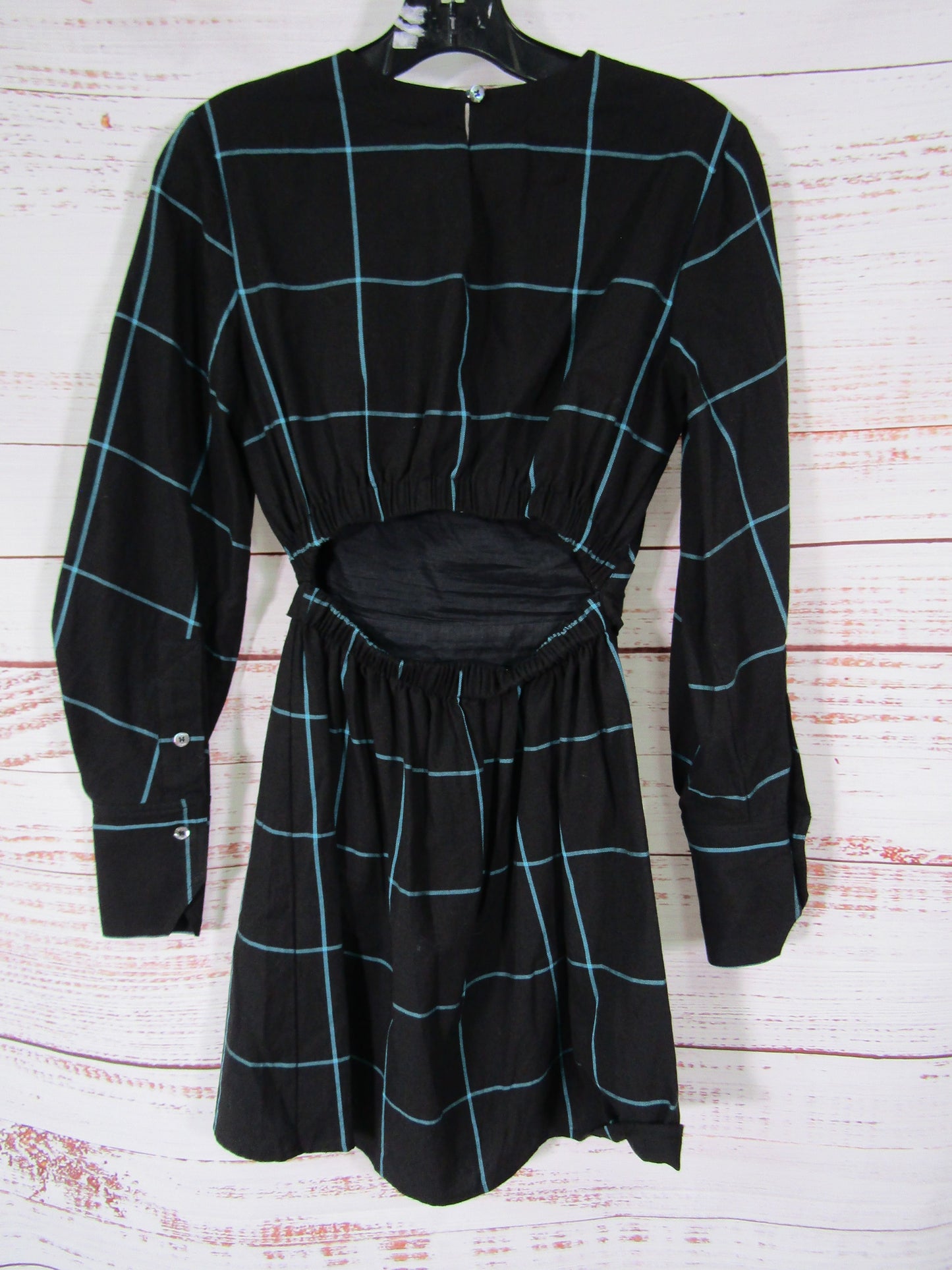 Staud Crosshill Women's Black Blue Checkered Long Sleeve Mini Dress Size XS