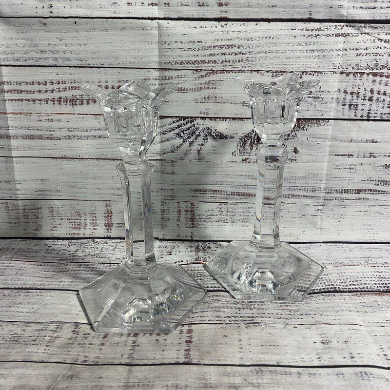Set Of 2 Orrefors Lily Flower Crystal Glass Candlesticks