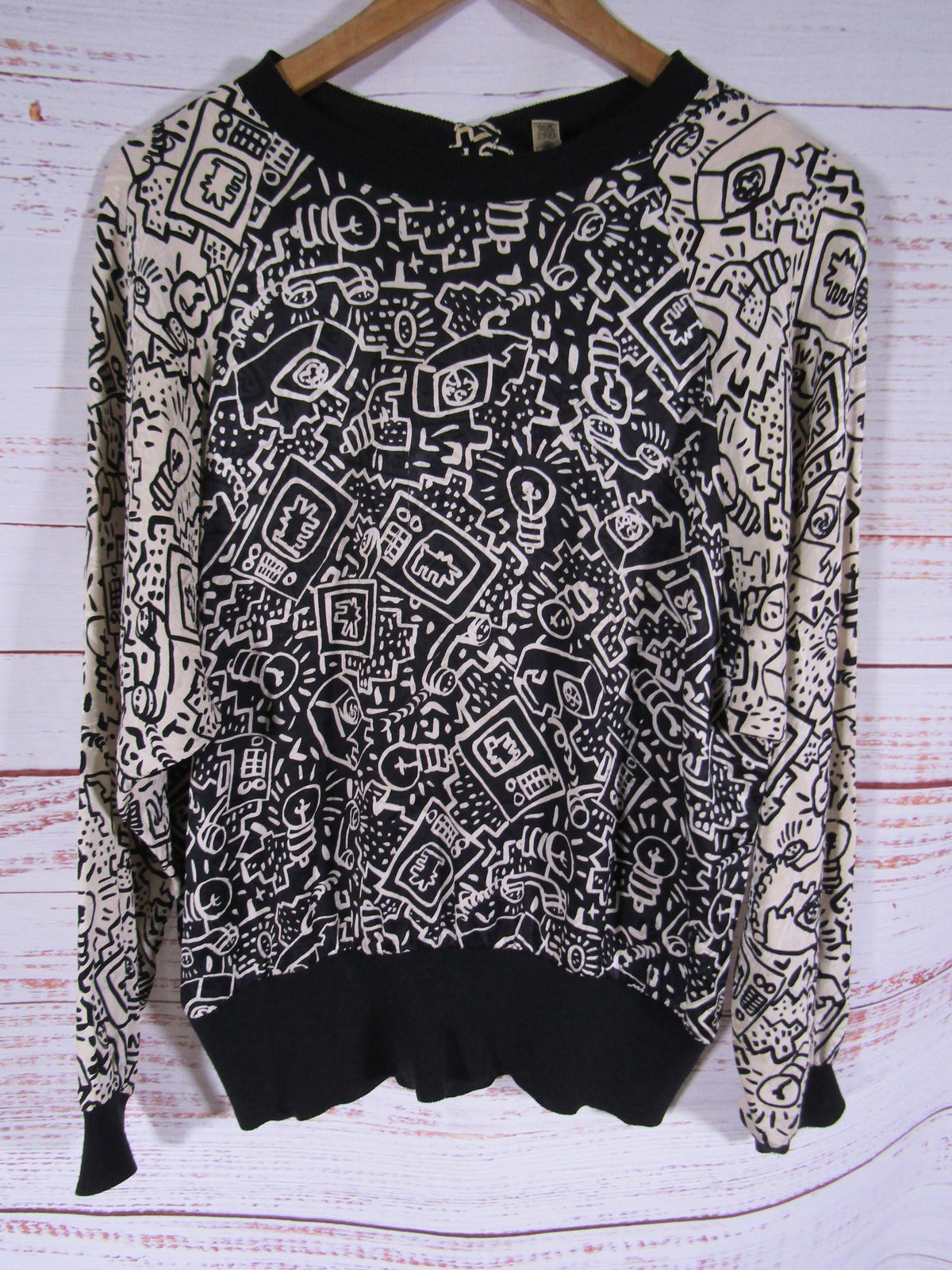 Vintage 1990's Women's Black & White Whimsical Retro Print Silk Blouse Size 6