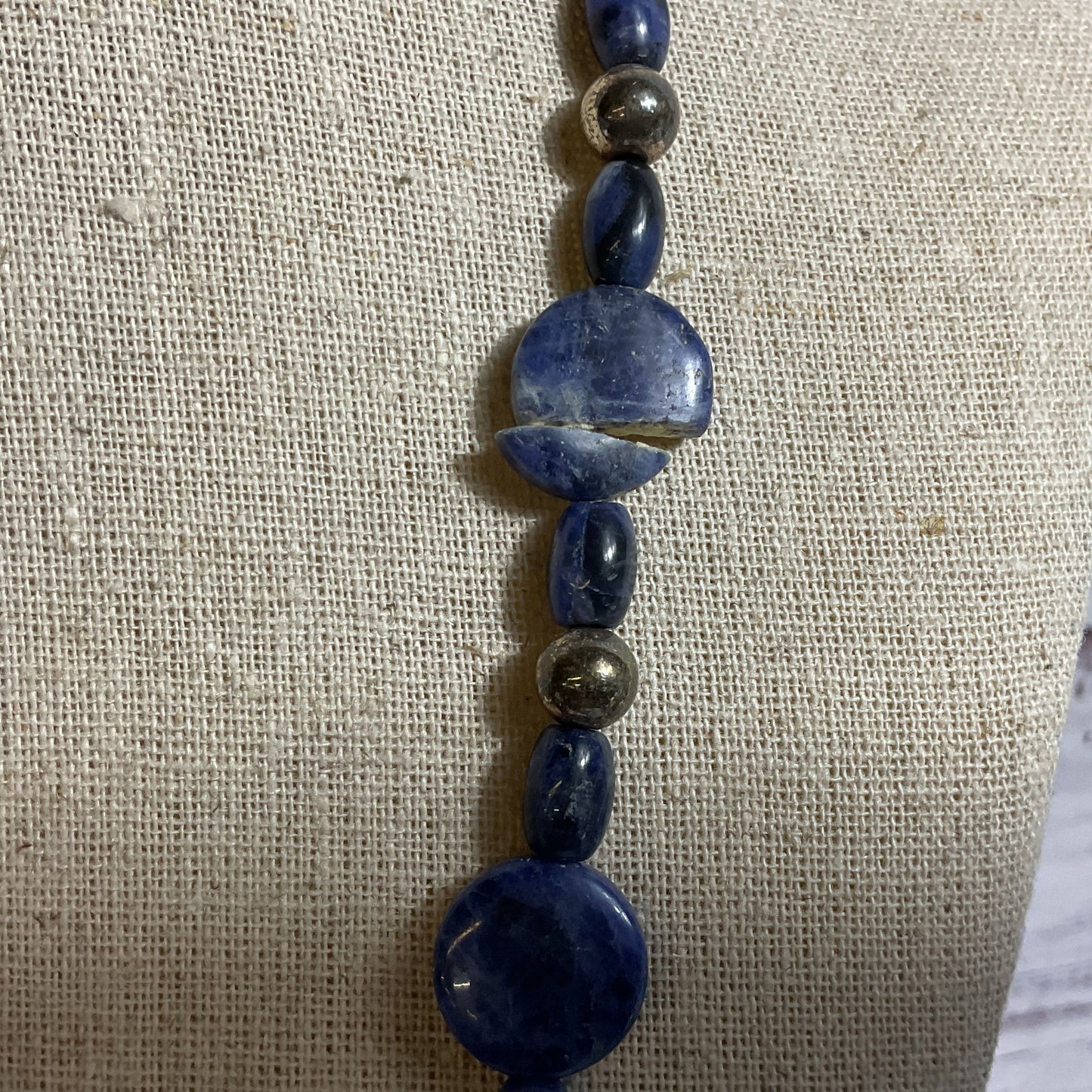 Sterling Silver Disc and Tubular Lapis Beaded 27" Necklace