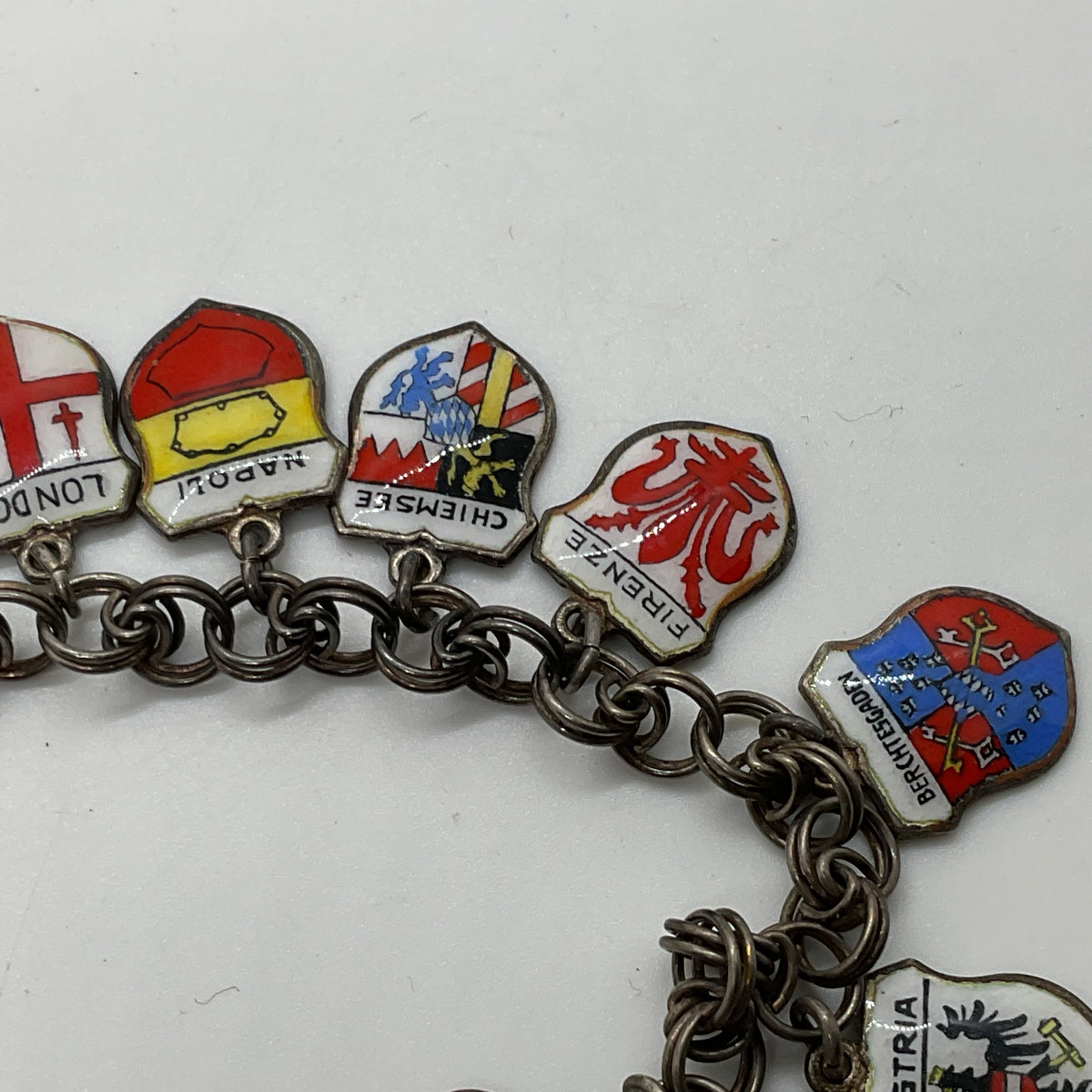VTG. REU Germany 800 Silver 19 Shield Charms 7.75" Bracelet- 25.98g