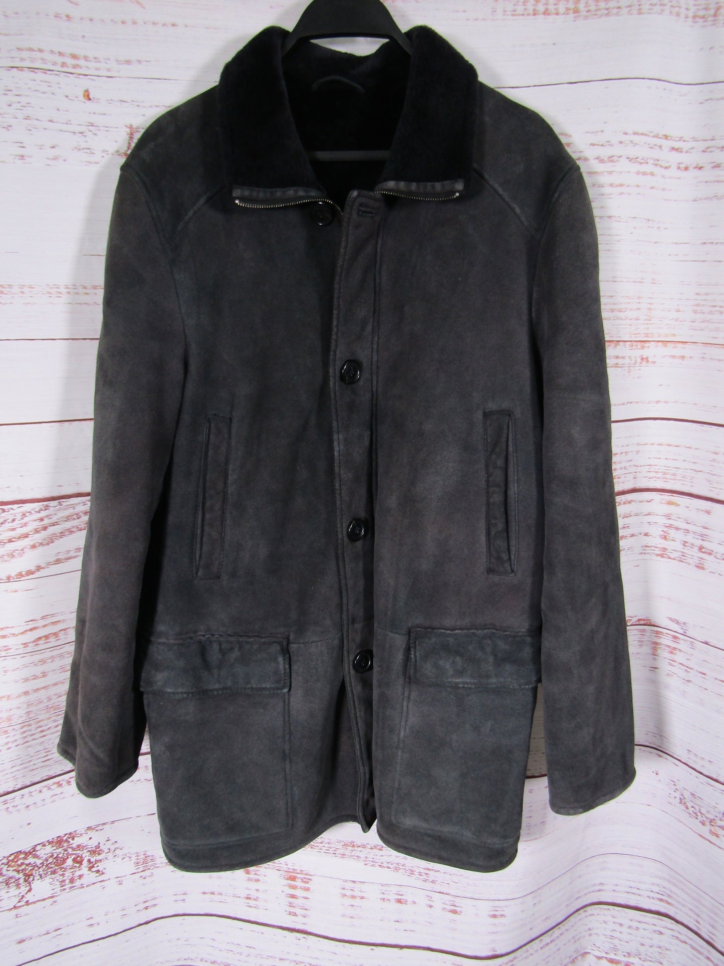 Cole Haan Men's Distressed Black Suede Faux Shearling Jacket Size S