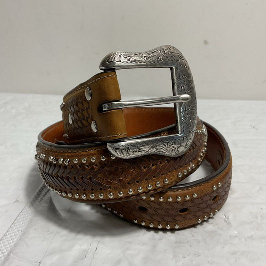 Nocona Brown Ostrich Print Basketweave Studded Leather Western Cowboy Belt SZ 34