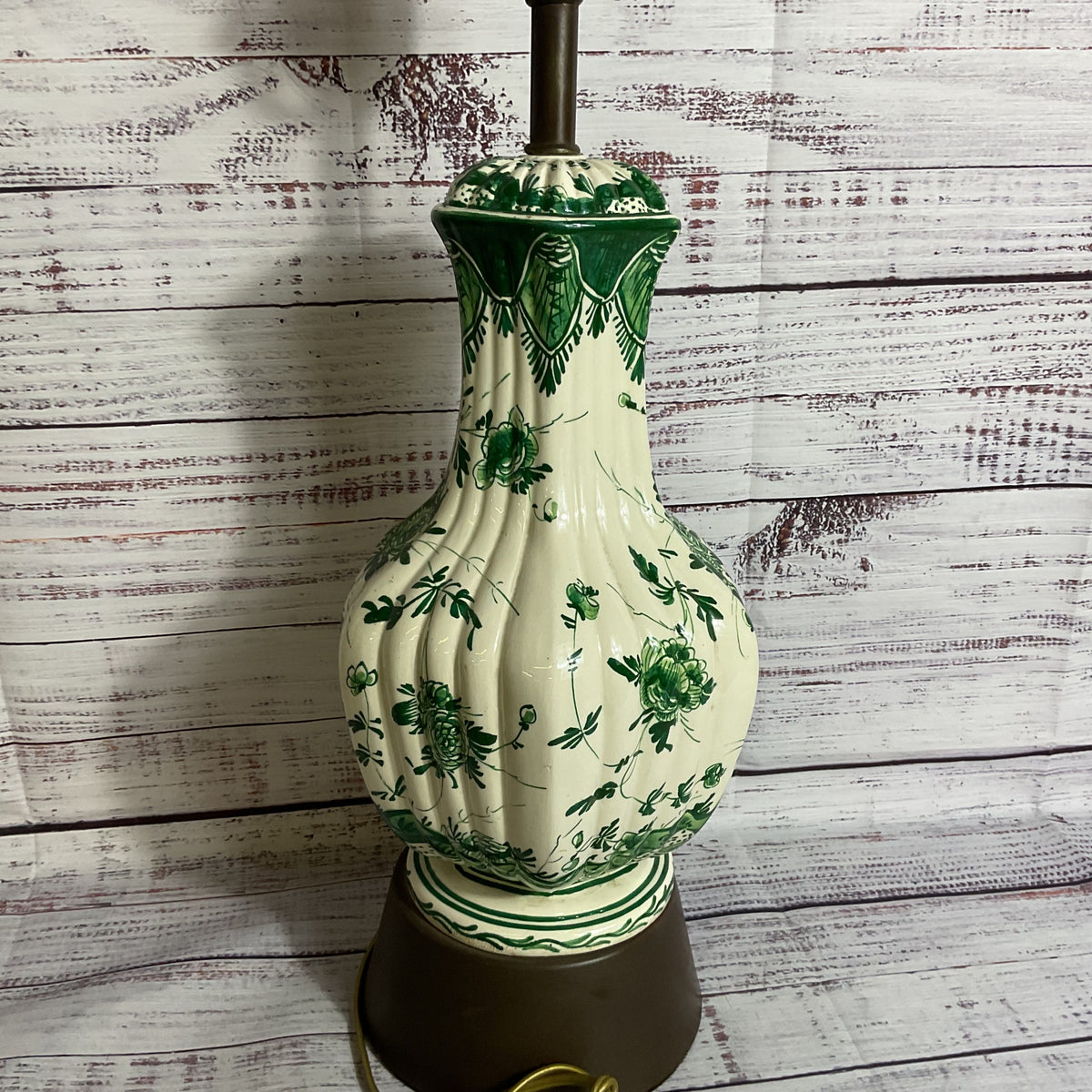 ANTIQUE DELFT???? Hand Painted Green Floral Porcelain and Brass Lamps- 28"