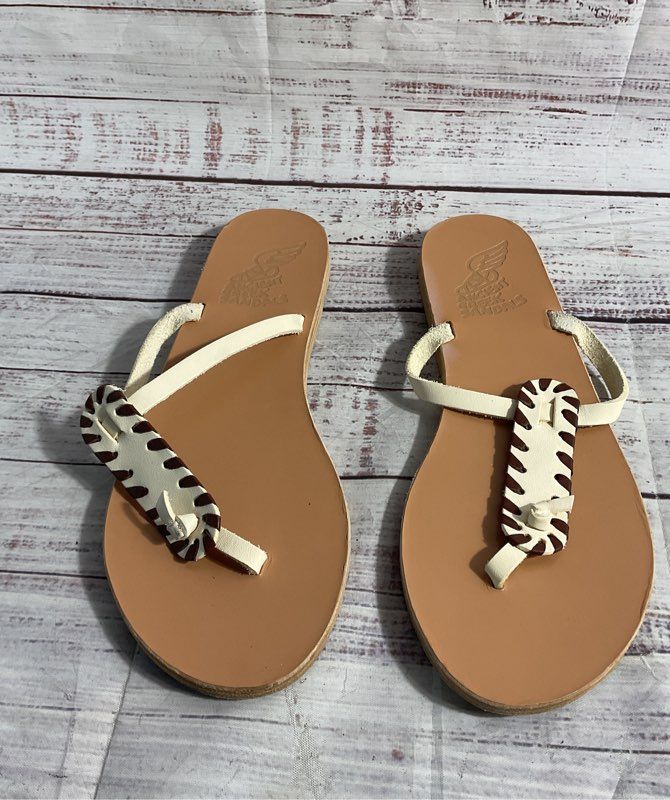 Ancient Greek Sandals Women's Brown Leather White Strap Sandals Size 40 EU 10 US