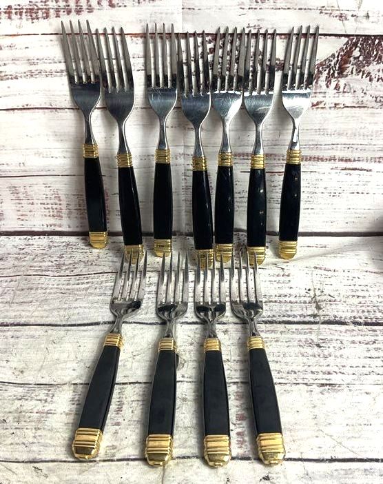 Laslo Mikasa Continental Set of 11 Stainless Steel Small Forks Black Gold