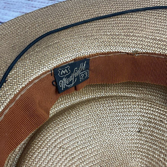 VTG. Medfield Tan Straw Tilt Hat w/ Brown Bow Hat - Size 23