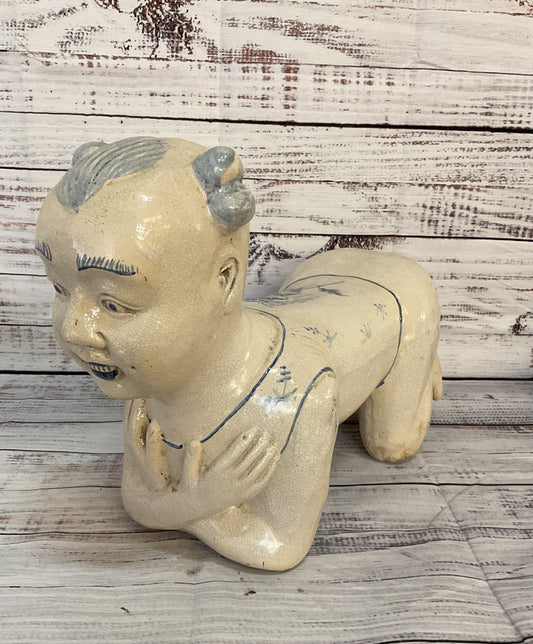 Vintage Chinese Porcelain Pillow Headrest Statue Cream