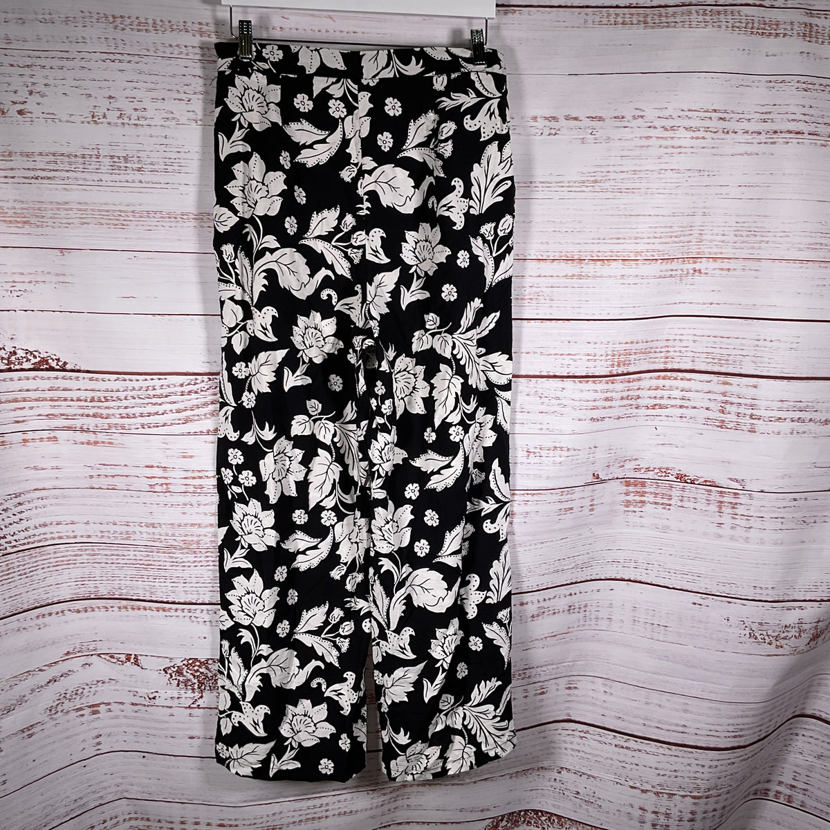 MNG Women's Black White Floral Print Side Zip Wide Leg Pants- SZ L