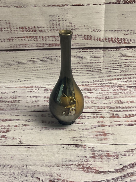 4" Black Painted Metal Vase Asian House Scene