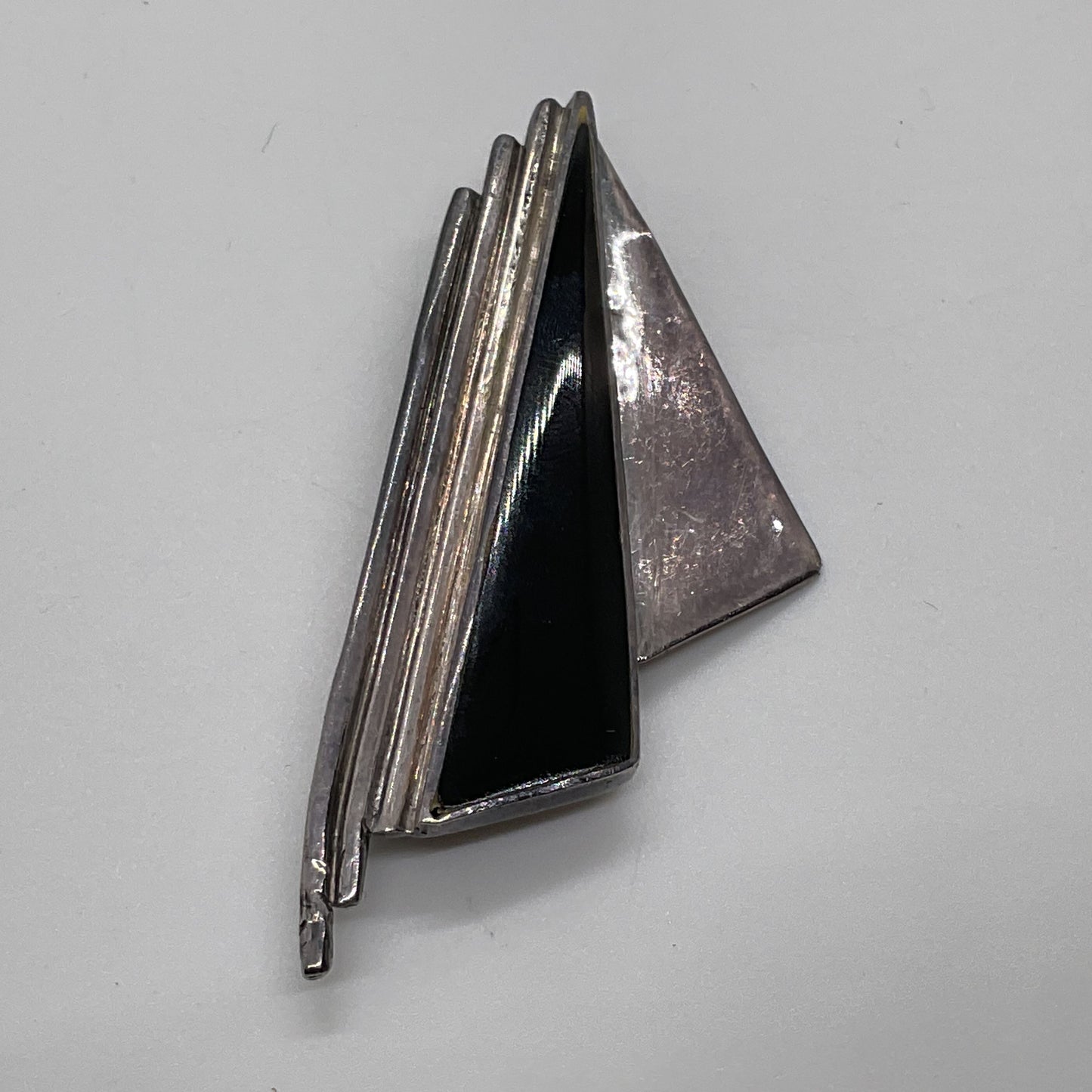 VTG. JL Sterling Silver & Onyx Art Deco 2.25" Brooch- 9.68g