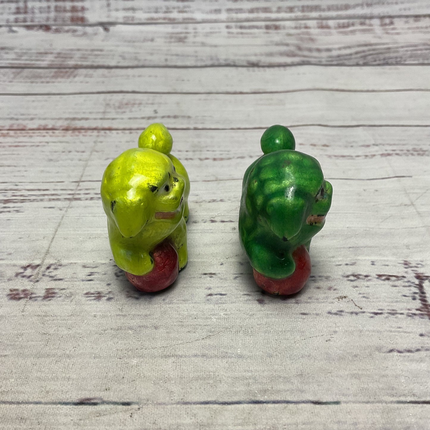 Vintage Cloisonne Green & Yellow Enamel Foo Dogs Pair of 2