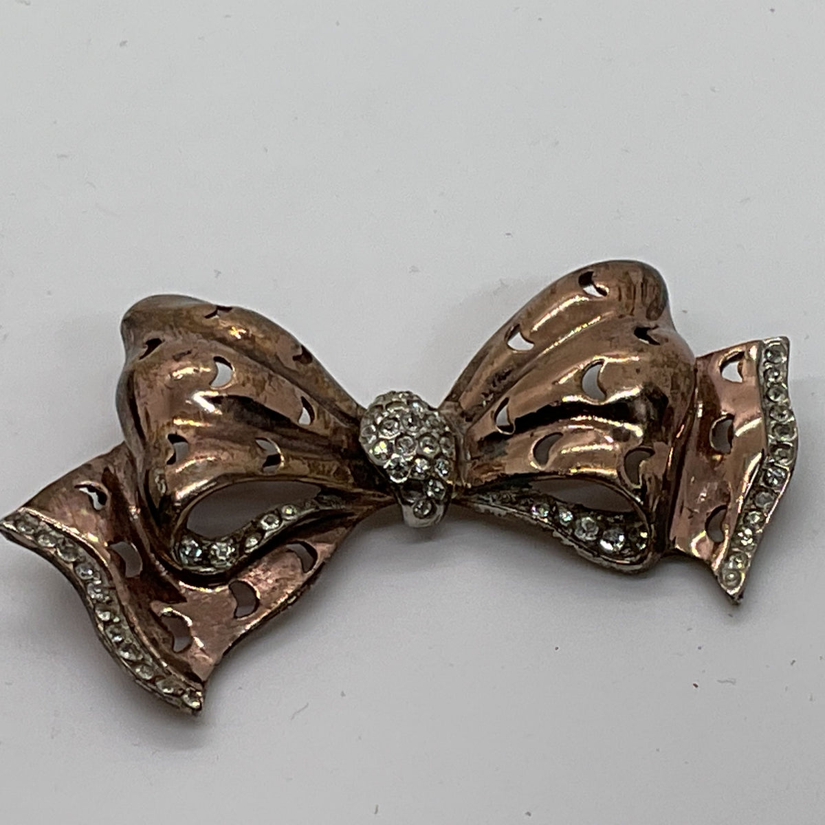 VTG. REJA Sterling Silver Vermeil Rhinestone 2.5" Bow Brooch- 21.91g