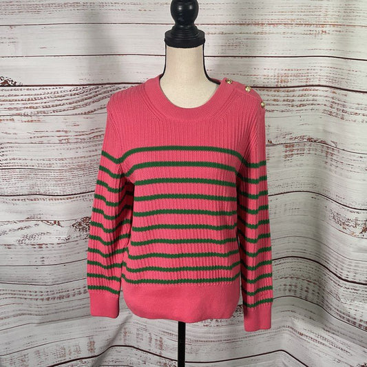 Gant Rapture Rose Pink & Green Striped Ribbed Knit Cotton Sweater - Size M