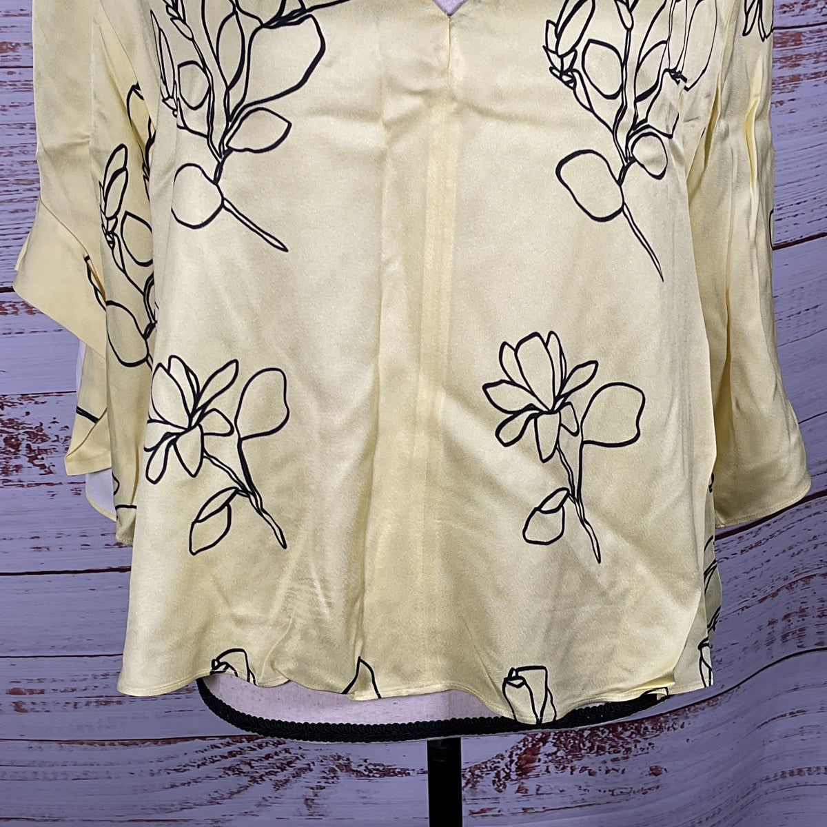 JASON WU Women's Yellow Floral Print V-Neck Sateen Blouse- SZ M