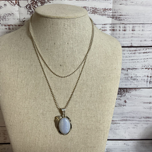 BBT Sterling Silver & Blue Lace Agate Oval Pendant 36" Chain Necklace- 19.13g