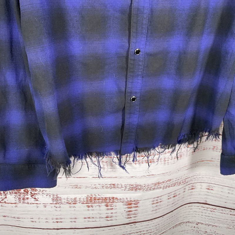 Amiri Blue Plaid Raw Hem 100% Cotton Flannel Button Up Shirt - Size XL