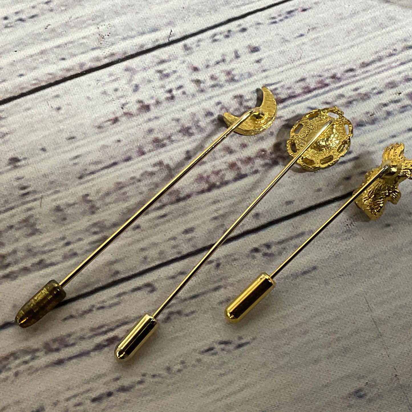Set of 3 VTG. Gold Tone Bear, Moon, Cabochon Stick Pins