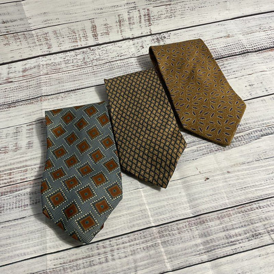 Lot of 3 VTG Giorgio Armani Blue and Bronze Geometric Patterned Silk Ties 58 in.