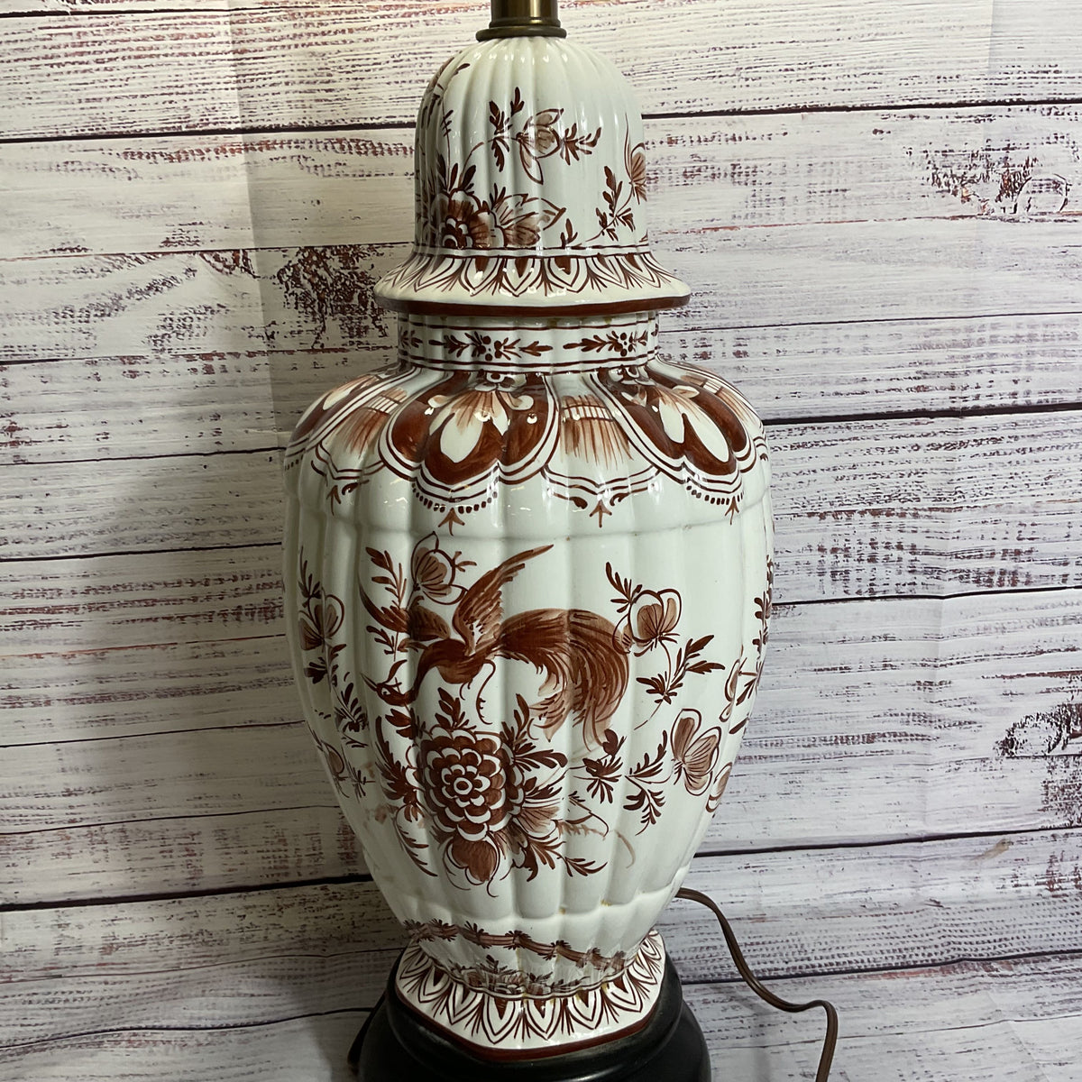 ANTIQUE Japanese Ginger Jar Hand Painted Brown Crane & Floral Lamp- 31"