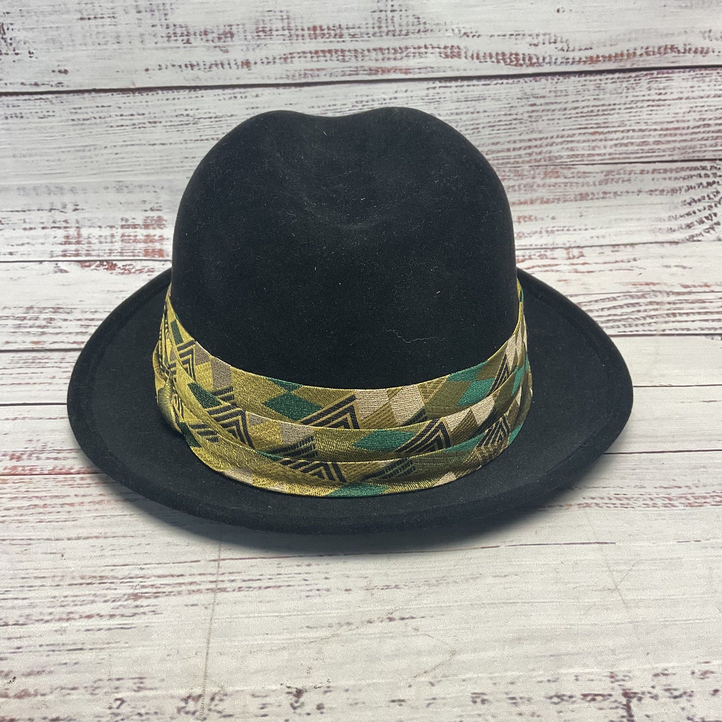 Louise Green Black Fedora Yellow Jacquard Band Hat - Size S