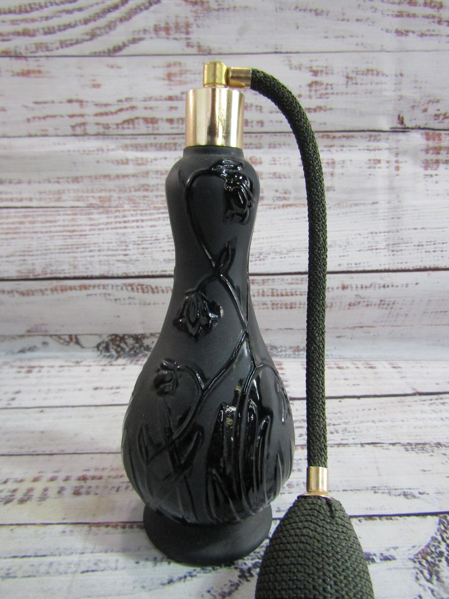 Floral Embossed Black Glass Perfume Atomizer